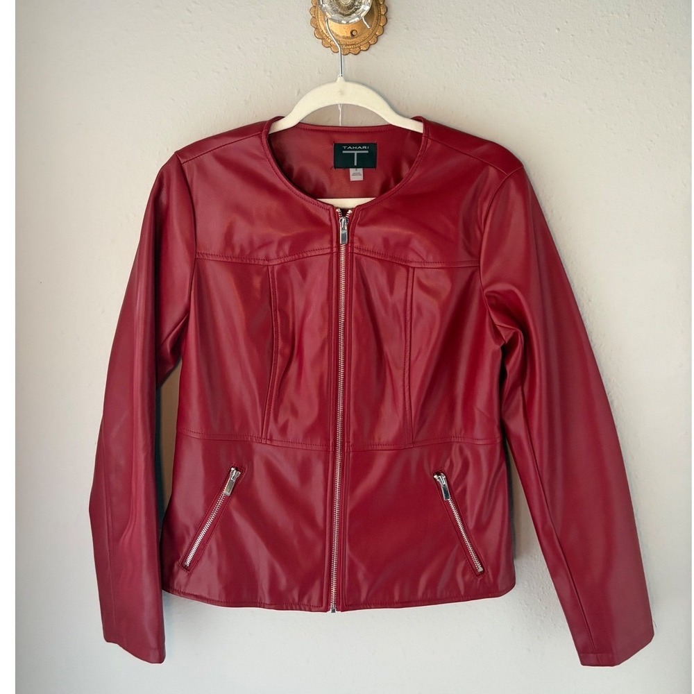 Tahari T Womens Red Faux Leather Collarless Zip Front Jacket Size 6